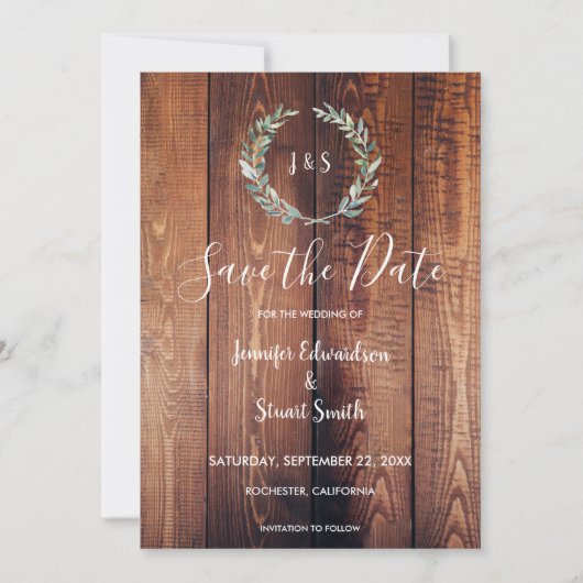 Save The Date Feuilles aquarelle sur mariage photo en bois rusti (Devant)