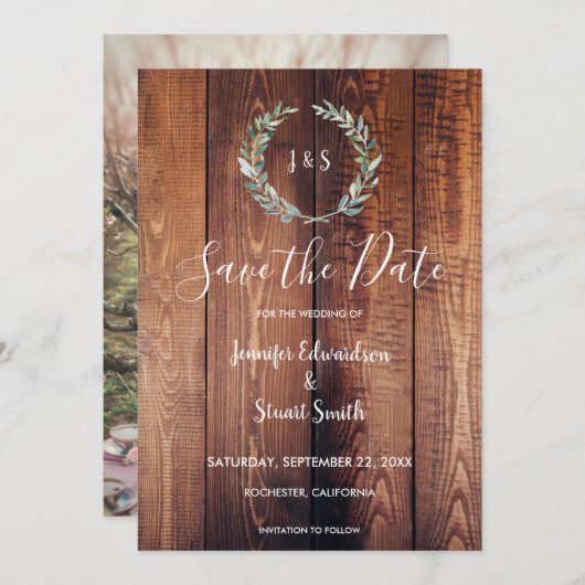 Save The Date Feuilles aquarelle sur mariage photo en bois rusti (Devant / Derrière)