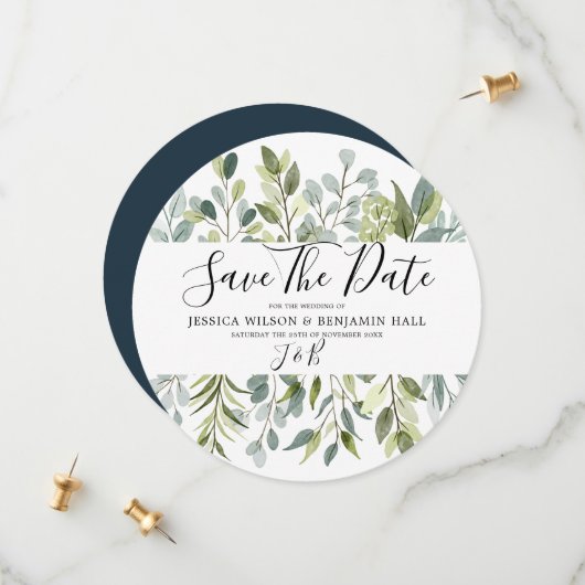 Save The Date Feuilles aquarelles de verdure élégante (Devant/Arrière en situation)