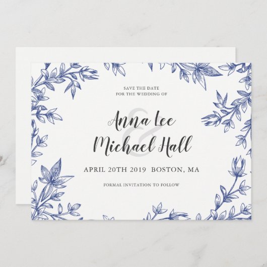 Save The Date Feuilles Bleus et Blancs Mariage personnalisé Enre (Devant / Derrière)