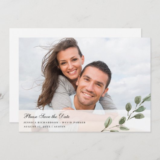Save The Date Feuilles d'aquarelle simple et élégant | Deux phot (Devant / Derrière)