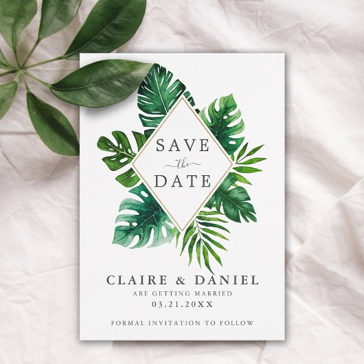 Save The Date Feuilles d'aquarelle tropicale moderne verte