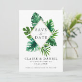 Save The Date Feuilles d'aquarelle tropicale moderne verte (Debout devant)