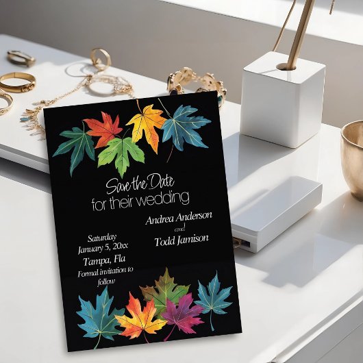 Save The Date Feuilles d'automne contraste noir mariage