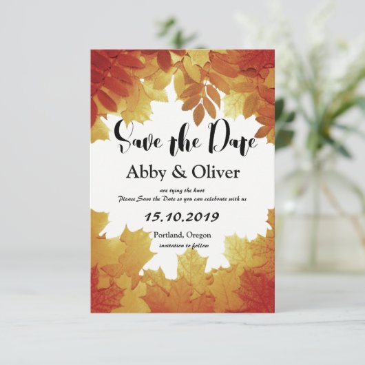 Save The Date Feuilles d'automne Mariage de automne Photo Enregi (Debout devant)