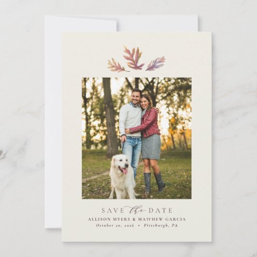 Save The Date Feuilles d'automne simple une photo élégant prune (Devant)