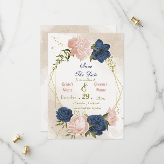 Save The Date feuilles de la marine des fleurs rousses vert (Devant/Arrière en situation)