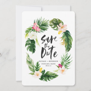 Save The Date Feuilles de palmier tropicales et aquarelle fleuri
