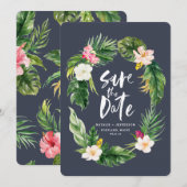 Save The Date Feuilles de palmier tropicales et aquarelle fleuri (Devant / Derrière)