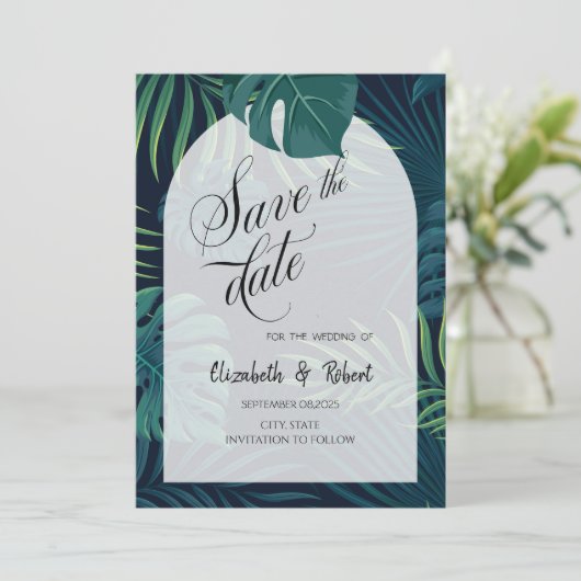 Save The Date Feuilles De Palmiers Exotiques Sauvegarder La Date (Debout devant)