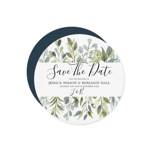 Save The Date Feuilles de peinture à l'aquarelle de verdure élég (Devant/Arrière en situation)