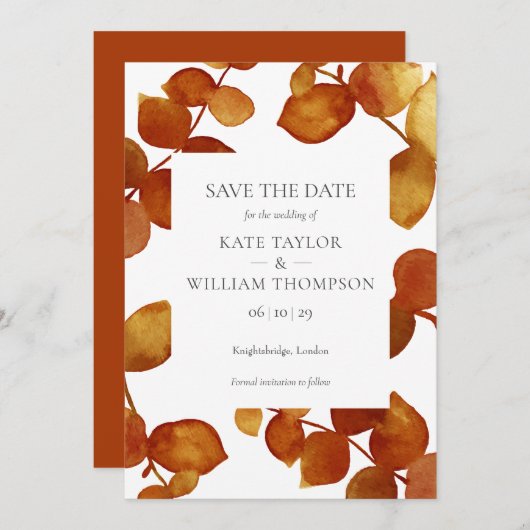 Save The Date Feuilles de Terracotta Eucalyptus (Devant / Derrière)