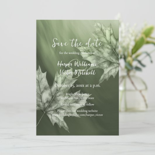 Save The Date feuilles d'érable accusant mariage de automne vert (Debout devant)