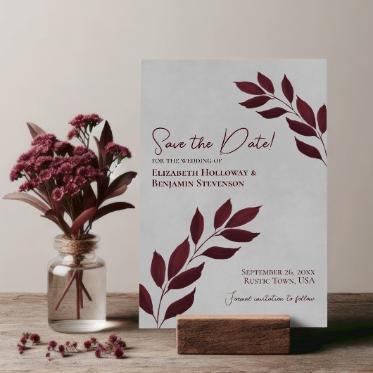 Save The Date Feuilles désireux Élégant Bourgogne sur Mariage gr