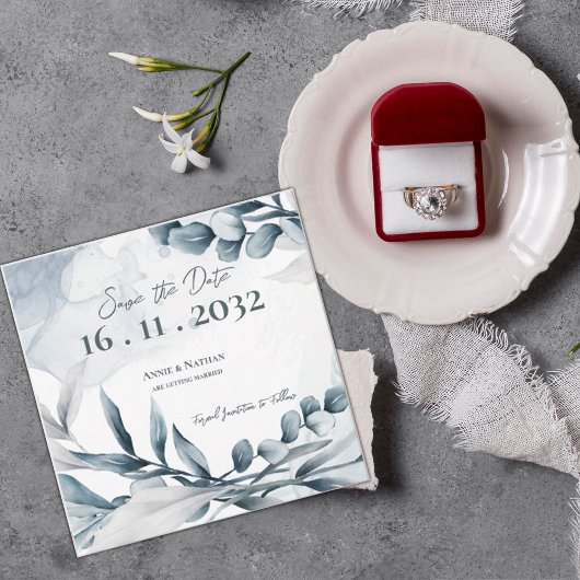 Save The Date Feuilles d'Eucalyptus Bleu Poussiéreux Mariage Élé
