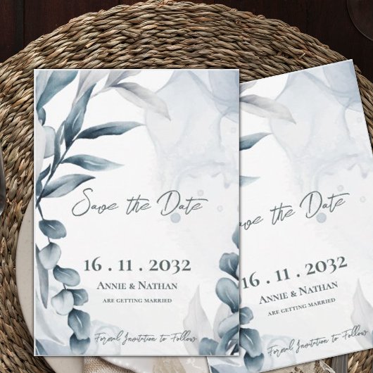 Save The Date Feuilles d'Eucalyptus Bleu Poussiéreux Mariage Élé