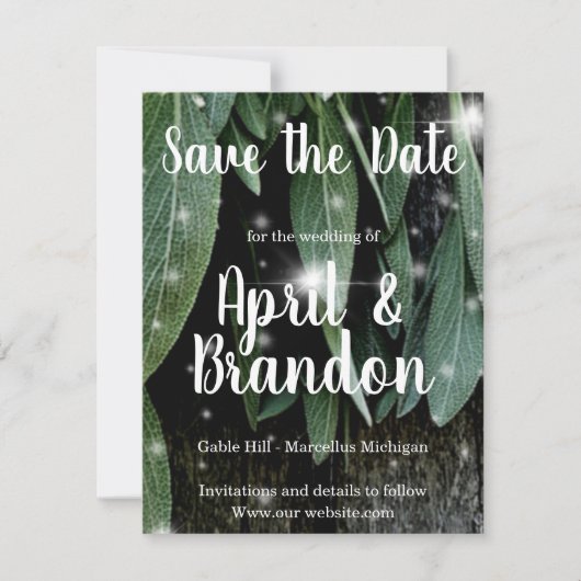 Save The Date feuilles d'herbe botanique boho écriture en bois d (Devant)