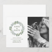 Save The Date Feuilles d'olive à l'aquarelle. Couronne botanique (Devant / Derrière)