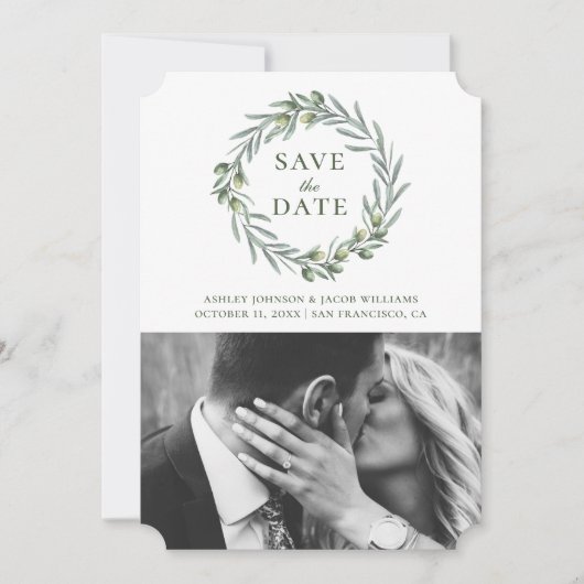 Save The Date Feuilles d'olive aquarelle. Couronne botanique. It (Devant)