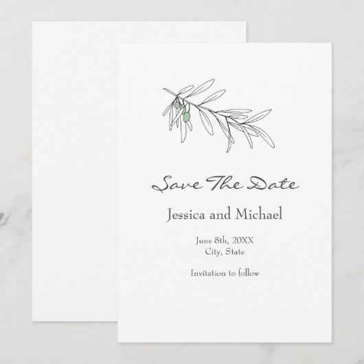 Save The Date Feuilles d'olive vert dessinés à la main (Devant / Derrière)