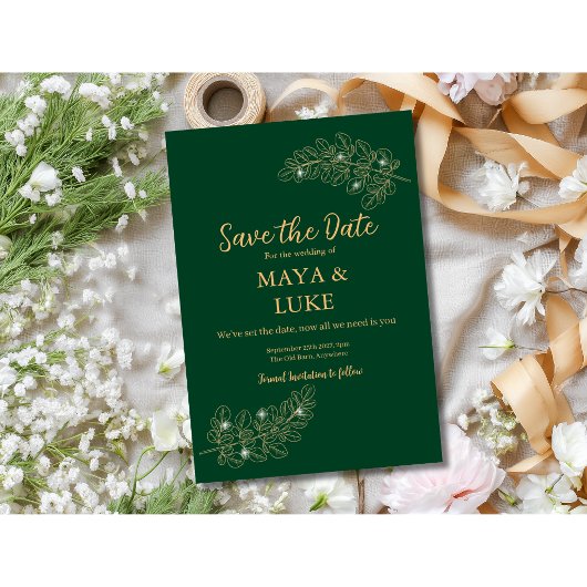 Save The Date Feuilles d'or modernes Émeraude