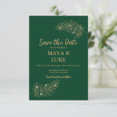 Save The Date Feuilles d'or modernes Émeraude (Debout devant)