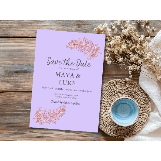 Save The Date Feuilles d'or modernes Violet