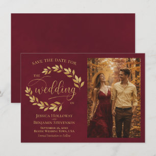 Save The Date Feuilles dorées rustiques sur photo de mariage bor