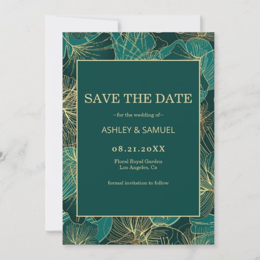 Save The Date Feuilles dorés et verts (Devant)