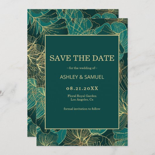 Save The Date Feuilles dorés et verts (Devant / Derrière)