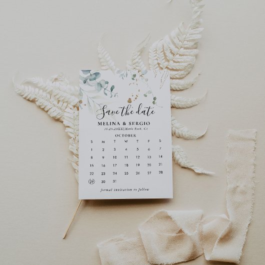 Save The Date Feuilles Gold Green Enregistrer le calendrier des