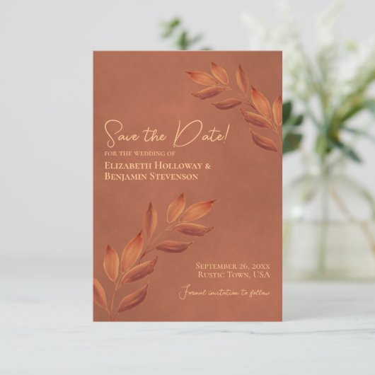 Save The Date Feuilles Nostalgiques Mariage Terracotta Rustique (Debout devant)