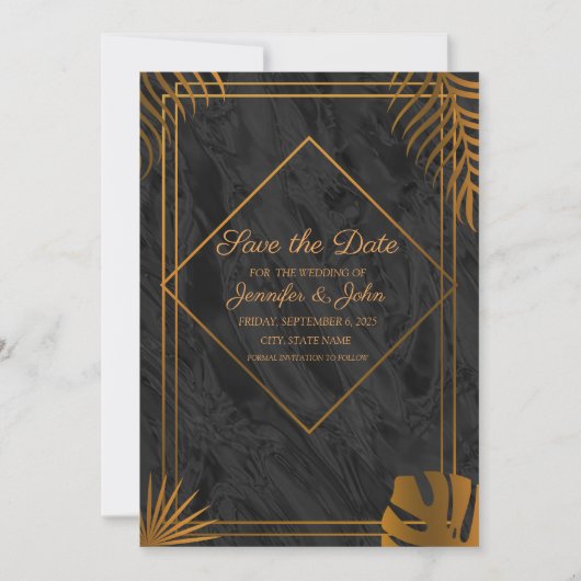 Save The Date Feuilles or et cadre géométrique Mariage tropical (Devant)