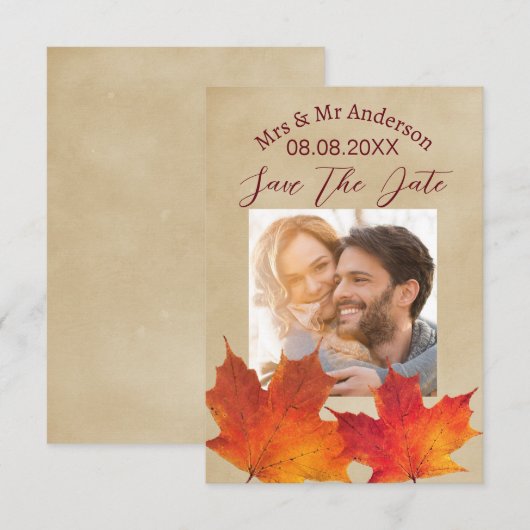 Save The Date Feuilles Rustiques Mariage Automne Jour J à Sauveg (Devant / Derrière)
