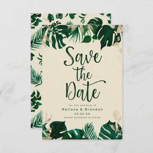 Save The Date Feuilles tropicaux modernes à thème avec Mariage o (Devant / Derrière)
