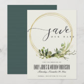 SAVE THE DATE FEUILLES VERTES BLANC RUSTIQUE FEUILLAGE DORÉ AQUA (Devant / Derrière)