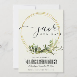 SAVE THE DATE FEUILLES VERTES BLANC RUSTIQUE FEUILLAGE DORÉ AQUA