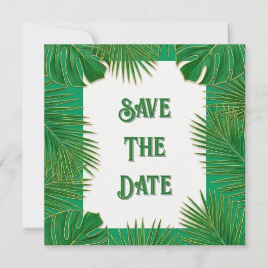 Save The Date Feuilles Vertes Dorées Tropicales (Devant)