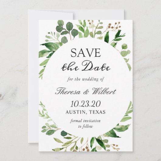 Save The Date Feuilles verts modernes couronne Élégant Mariage s (Devant)