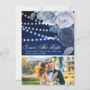 Save The Date Feux à cordes Bleu Élégant Mariage Photo