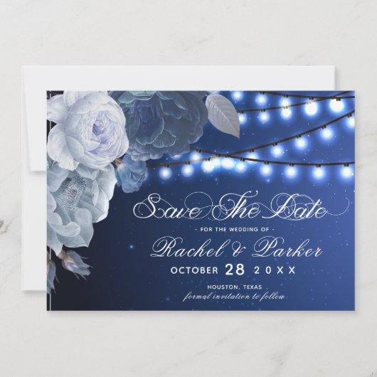Save The Date Feux à cordes Mariage élégant bleu (Devant)