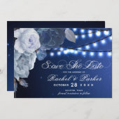 Save The Date Feux à cordes Mariage élégant bleu (Devant / Derrière)