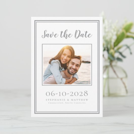 Save The Date Fiançailles photo Mariage simple gris blanc (Debout devant)