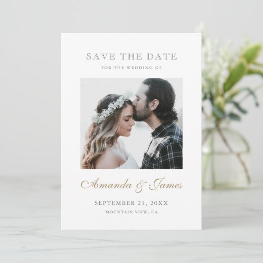 Save The Date Fiançailles photo simple Elegant Gold Script (Debout devant)