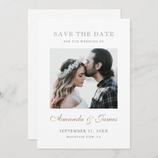 Save The Date Fiançailles photo simple Elegant Gold Script (Devant / Derrière)