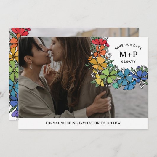 Save The Date Fierté Fleurs Monogram LGBTQ Photo (Devant / Derrière)