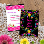 Save The Date Fiesta Florale Mexicaine & Picado Papel - Noir<br><div class="desc">Floral Enregistrer la carte Date dans le style coloré mexicain Fiesta et décoré les deux côtés avec des fleurs d'art populaire et picado papel. Le texte sur le devant se lit simplement "Sauvez la Date" en rose vif sur un arrière - plan noir. À l'arrière, le modèle est configuré pour...</div>