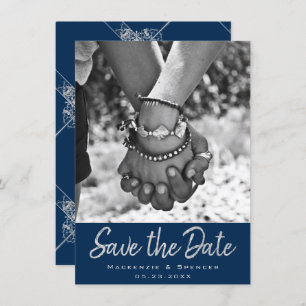 Save The Date Filigree Art déco Silver Grey sur Navy Blue Phot