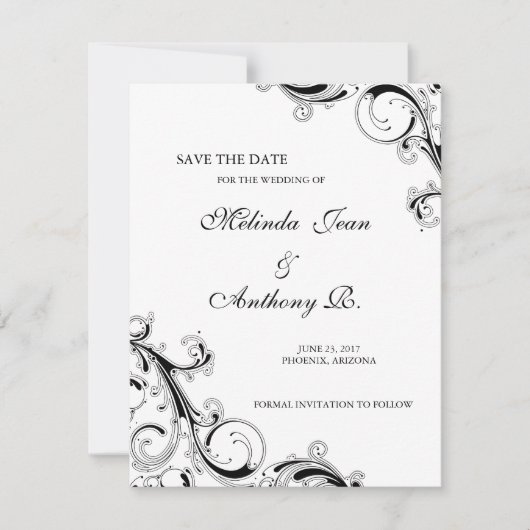 Save The Date Filigree Swirl noir avec blanc Enregistrer la date (Devant)