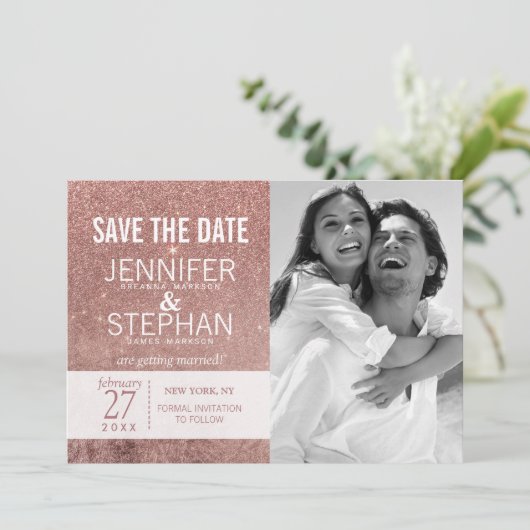 Save The Date Fille moderne Rose Parties scintillant or Foil Enr (Debout devant)